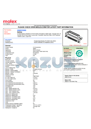 0482016362 datasheet - D-Subminiature Shielded I/O PCB Female Receptacle, Right Angle, Through Hole, 25 Circuits, 4-40 Flush Insert