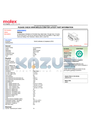 0482026043 datasheet - D-Subminiature Shielded I/O PCB Male Plug, Right Angle, Through Hole, 9 Circuits,#4-40 Flush Insert, 2 #4-40 Hex Internal Thread Screws Assembled, 0.76lm (30l