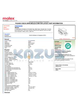 0482026066 datasheet - D-Subminiature Shielded I/O PCB Male Plug, Right Angle, Through Hole, 9 Circuits, 4-40 Flush Insert