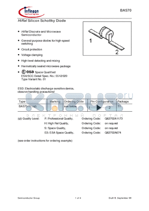 BAS70-T1 datasheet - HiRel Silicon Schottky Diode