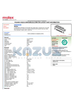 0482026366 datasheet - D-Subminiature Shielded I/O PCB Male Plug, Right Angle, Through Hole, 25 Circuits, #4-40 Flush Insert, 2 #4-40 Hex Internal Thread Screws Included, Gold (Au) Flash