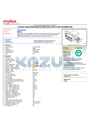 0482036046 datasheet - High Density, DDC Compatible D-Subminiature Shielded I/O PCB Female Receptacle,Right Angle, Through Hole, Full 15 Circuits, 2 #4-40 Hex Internal Thread Screws Attached