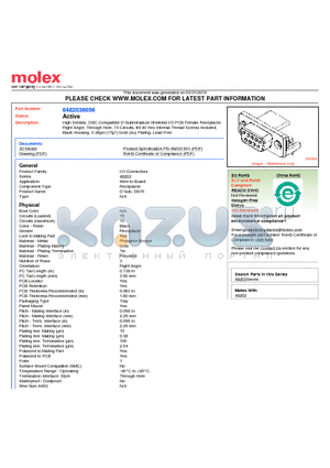 0482036056 datasheet - High Density, DDC Compatible D-Subminiature Shielded I/O PCB Female Receptacle, Right Angle, Through Hole, 15 Circuits, #4-40 Hex Internal Thread Screws Included