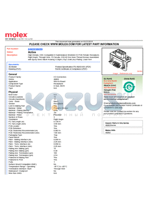 0482036059 datasheet - High Density, DDC Compatible D-Subminiature Shielded I/O PCB Female Receptacle,Right Angle, Through Hole, 15 Circuits, 2 #4-40 Hex Inner Thread Screws Assembled with Epoxy fixed, Black Housing