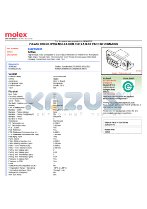 0482036065 datasheet - High Density, DDC Compatible D-Subminiature Shielded I/O PCB Female Receptacle,Right Angle, Through Hole, 15 Circuits, M3 Inner Thread Screws Assembled, Black Housing