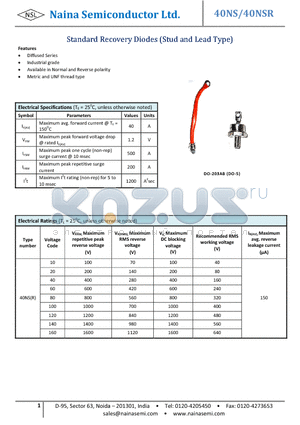 40HF40 datasheet - Standard Recovery Diodes (Stud and Lead Type)