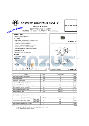 BAS70ADWPT datasheet - SCHOTTKY DIODE ARRAY VOLTAGE 70 Volts CURRENT 70 mAmperes