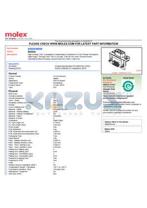 0482036069 datasheet - High Density, DDC Compatible D-Subminiature Shielded I/O PCB Female Receptacle, Right Angle, Through Hole, Full 15 Circuits, 2