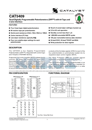 CAT5409 datasheet - Quad Digitally Programmable Potentiometers (DPPTM) with 64 Taps and 2-wire Interface