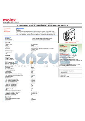 0482040001 datasheet - Universal Serial Bus (USB) Shielded I/O Receptacle, Type A Upright Right Angle, Reverse Mount, Solder Tail