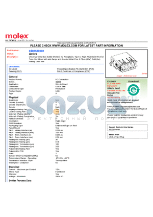 0482580002 datasheet - Universal Serial Bus (USB) Shielded I/O Receptacle, Type A, Right Angle,Sink Reverse Type, Mid Mount with side flange and Beveled Metal Pins, 0.76lm (30l