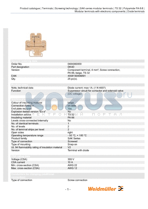 0484060000 datasheet - Component terminal, 4 mmb, Screw connection, PA 66, beige, TS 32