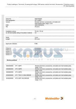 0485760000 datasheet - Modular terminal, accessories, end plate and intermediate plate, beige, 3 mm