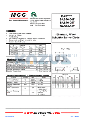 BAS70T datasheet - 150mWatt, 70Volt Schottky Barrier Diode