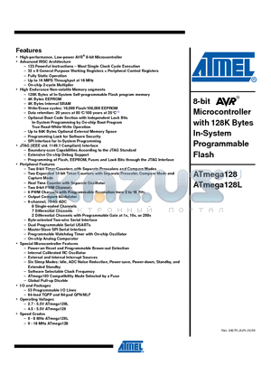 ATMEGA128 datasheet - 8-bit Microcontroller with 128K Bytes In-System Programmable Flash