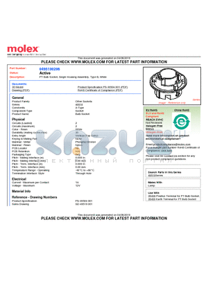 0495100206 datasheet - PT Bulb Socket, Single Housing Assembly, Type B, White