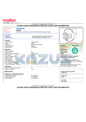 0495050205 datasheet - Bulb Socket, Unsealed, For W16W, 35.50mm Socket Length, 2 Circuits