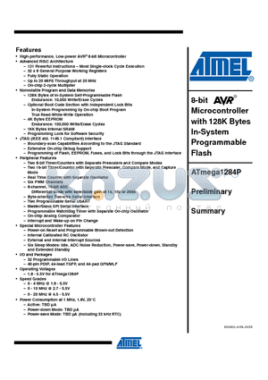 ATMEGA1284P datasheet - 8-bit Microcontroller with 128K Bytes In-System Programmable Flash