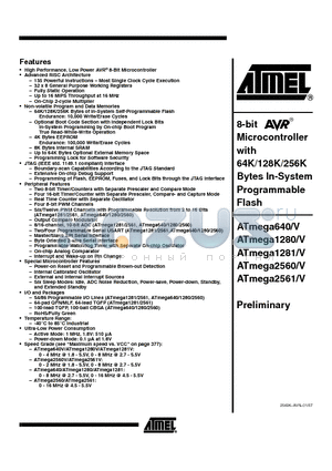 ATMEGA1281 datasheet - 8-bit Microcontroller with 64K/128K/256K Bytes In-System Programmable Flash