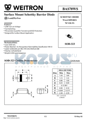 BAS70WS datasheet - Surface Mount Schottky Barrier Diode