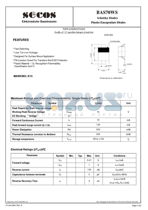 BAS70WS datasheet - Schottky Diodes Plastic-Encapsulate Diodes