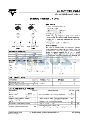 40L15CT-1TRL datasheet - Schottky Rectifier, 2 x 20 A