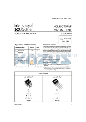 40L15CT-1TRLPBF datasheet - SCHOTTKY RECTIFIER 2 x 20 Amps