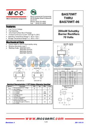 BAS70WT datasheet - 200mW Schottky Barrier Rectifiers 70 Volts