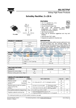 40L15CTPBF_08 datasheet - Schottky Rectifier, 2 x 20 A