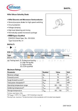 BAS70_07 datasheet - HiRel Silicon Schottky Diode