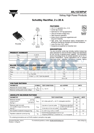 40L15CWPBF datasheet - Schottky Rectifier, 2 x 20 A
