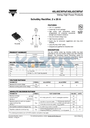 40L40CWPBF datasheet - Schottky Rectifier, 2 x 20 A