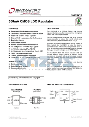 CAT6219-285TD-GT3 datasheet - 500mA CMOS LDO Regulator