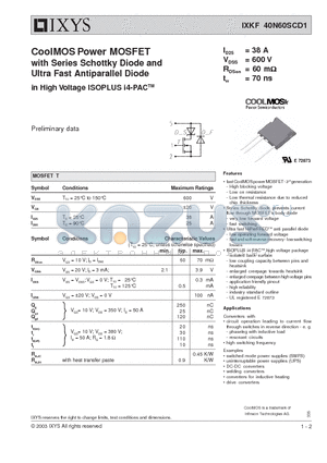 40N60SCD1_03 datasheet - CoolMOS Power MOSFET with Series Schottky Diode and Ultra Fast Antiparallel Diode in High Voltage ISOPLUS i4-PACTM