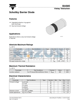 BAS85 datasheet - Schottky Barrier Diode