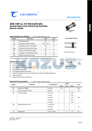 BAS85 datasheet - 200 mW LL-34 Hermetically Sealed Glass Fast Switching Schottky Barrier Diode