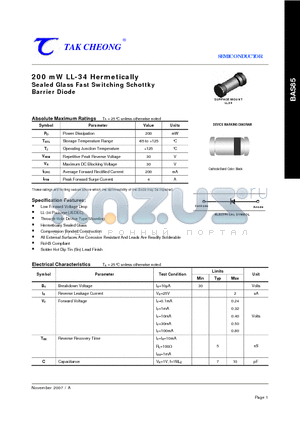 BAS85 datasheet - 200 mW LL-34 Hermetically Sealed Glass Fast Switching Schottky Barrier Diode