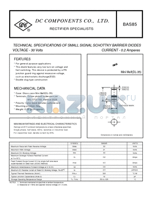 BAS85 datasheet - TECHNICAL SPECIFICATIONS OF SMALL SIGNAL SCHOTTKY BARRIER DIODES