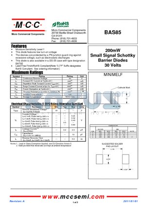BAS85 datasheet - 200mW Small Signal Schottky Barrier Diodes 30 Volts