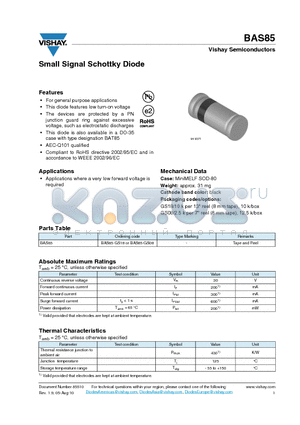 BAS85 datasheet - Small Signal Schottky Diode