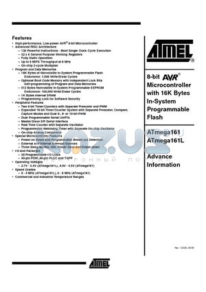 ATMEGA161 datasheet - 8-bit Microcontroller with 16K Bytes In-System Programmable Flash