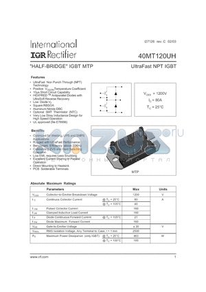 40MT120UH datasheet - HALF-BRIDGE IGBT MTP UltraFast NPT IGBT