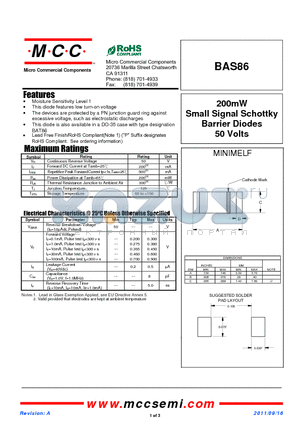BAS86 datasheet - 200mW Small Signal Schottky Barrier Diodes 50 Volts
