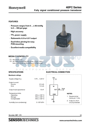 40PC030V1A datasheet - Fully signal conditioned pressure transducer