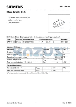 BAT14-03W datasheet - Silicon Schottky Diode (DBS mixer application to 12GHz Medium barrier type Low capacitance)
