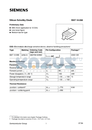 BAT14-098 datasheet - Silicon Schottky Diode (DBS mixer application to 12 GHz Low noise figure Medium barrier type)