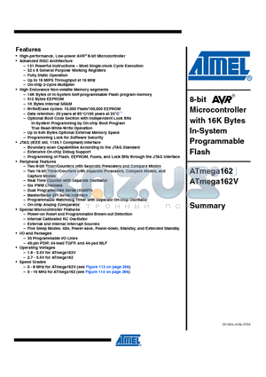 ATMEGA162 datasheet - 8-bit Microcontroller with 16K Bytes In-System Programmable Flash