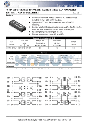 40PT1140AXLF datasheet - 40 PIN DIP ETHERNET 10/100 BASE -TX HIGH SPEED LAN MAGNETICS