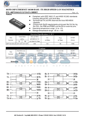 40PT1041AXLF datasheet - 40 PIN DIP ETHERNET 10/100 BASE -TX HIGH SPEED LAN MAGNETICS