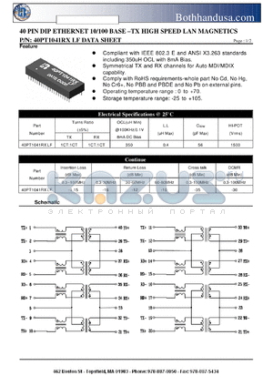 40PT1041RXLF datasheet - 40 PIN DIP ETHERNET 10/100 BASE -TX HIGH SPEED LAN MAGNETICS